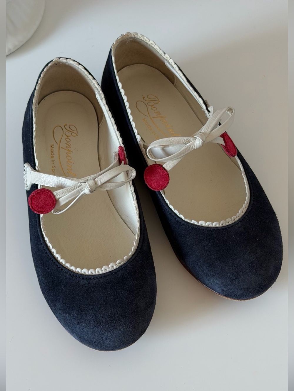 Bonpoint Navy Suede Mary Janes with White Trim and Red Button